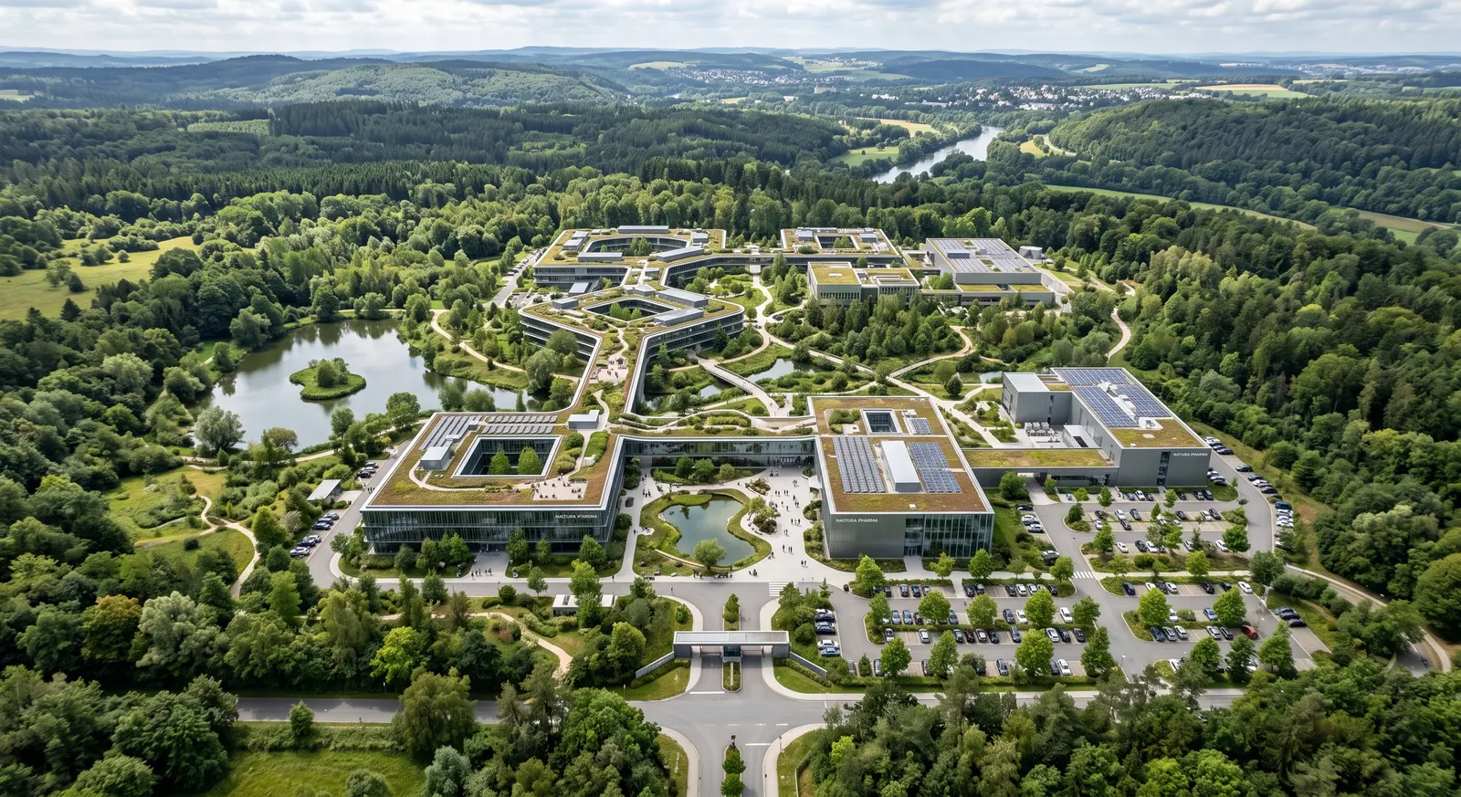 Vedere de sus a unui campus de laboratoare cu acoperișuri verzi, înconjurat de pădure